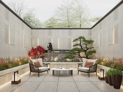 Basement Courtyard With Seating Plants And Water Feature 3d model
