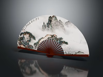 Traditional Chinese Landscape Painting Fan Pendant With Calligraphy And Bamboo Frame 3d model