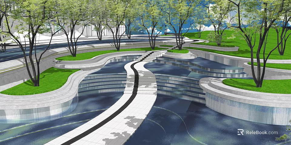 Modern Curved Stairs In Outdoor Landscape With Green Lawns And Trees 3d model 