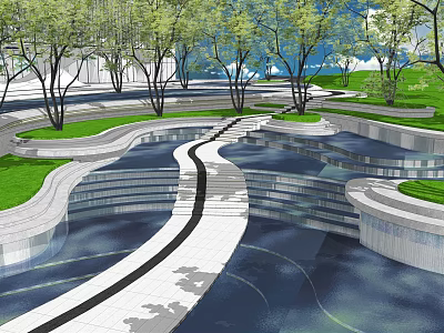 Modern Curved Stairs In Outdoor Landscape With Green Lawns And Trees 3d model