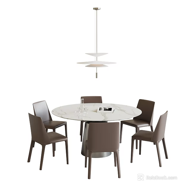 Round Marble Dining Table With Six Brown Chairs And Pendant Light 3d model