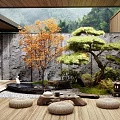 Peaceful Garden Courtyard Featuring Wooden Flooring Stone Wall Pine Tree Orange Tree and Water Feature