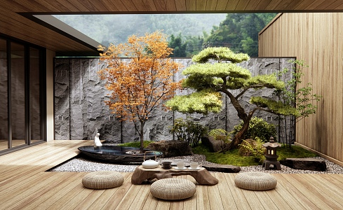 Zen Patio Courtyard Landscape Water Bowl Stone Landscape Tree Landscaping Plants Pile Tea Table 3d model