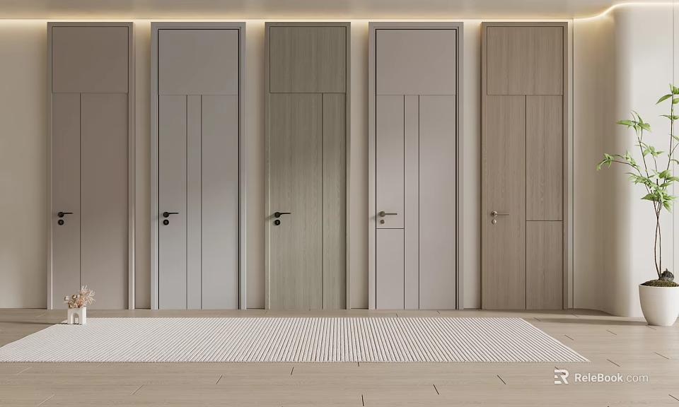 Multiple Modern Hinged Doors With Wooden Texture And Gray Wood Tone In Interior Design 3d model 