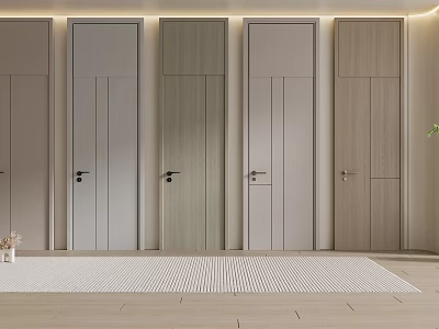 Multiple Modern Hinged Doors With Wooden Texture And Gray Wood Tone In Interior Design 3d model