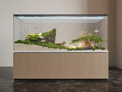 Planted Aquarium With Decorations On Wooden Stand 3d model