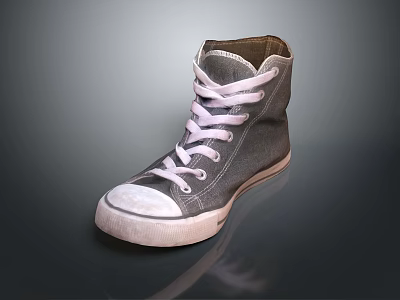 Gray High Top Canvas Shoes With White Laces And Worn Toe Design 3d model