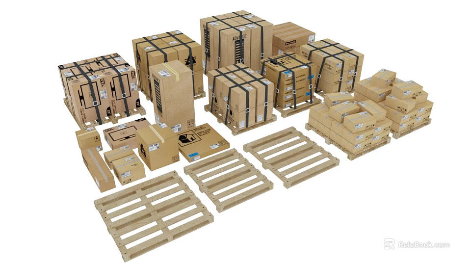 Industrial Warehouse Storage Area With Cardboard Boxes And Wooden Pallets 3d model 