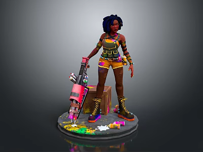 Game Movie Character With Curly Hair Colorful Outfit Pink Spray Gun Painted Base 3d model