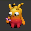 Two Yellow Red Gradient Cartoon Creatures With Antennae One Holding Pink Flower On Dark Background