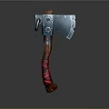 3D Model Battle Axe With Metal Blade Blue Silver Design And Wooden Handle Red Straps
