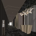 Modern Elegant Hotel Corridor with Crystal Chandelier Metal Walls and Wooden Decor in Long Space