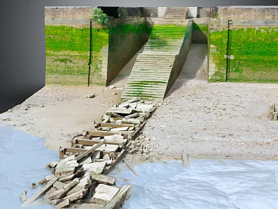 Stone Gate Structure With Moss Covered Walls Stone Steps And Broken Wooden Planks 3d model