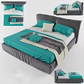 Double Bed With Gray Frame Teal Bedspread And Beige Gray Pillows Blanket 3d model