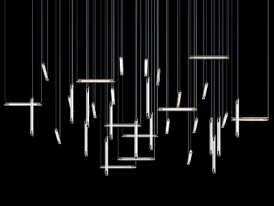Modern Contemporary Chandelier Design With Linear Metal And Wooden Hanging Elements For Interior Decor 3d model