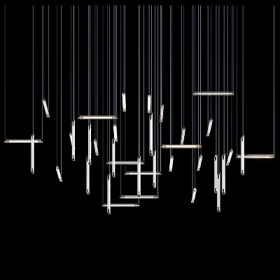 Modern Contemporary Chandelier Design With Linear Metal And Wooden Hanging Elements For Interior Decor 3d model