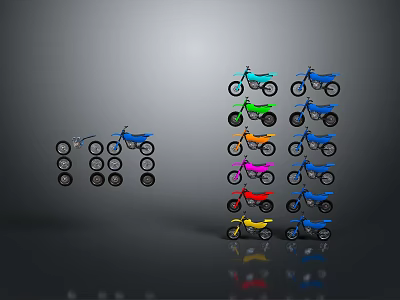 Colorful Motorcycle Models with Black Wheels in Blue Green Orange Red Yellow Arranged in Rows 3d model