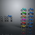 Colorful Motorcycle Models with Black Wheels in Blue Green Orange Red Yellow Arranged in Rows