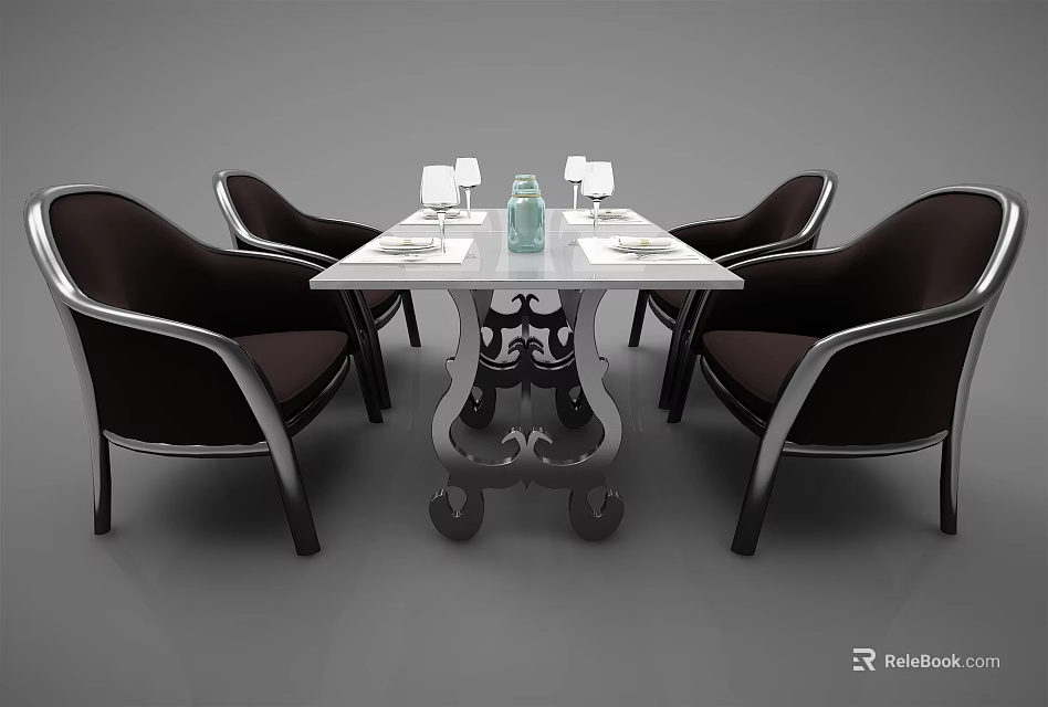 Modern Dining Table Set With White Tabletop Black Leather Chairs And Metal Frame 3d model