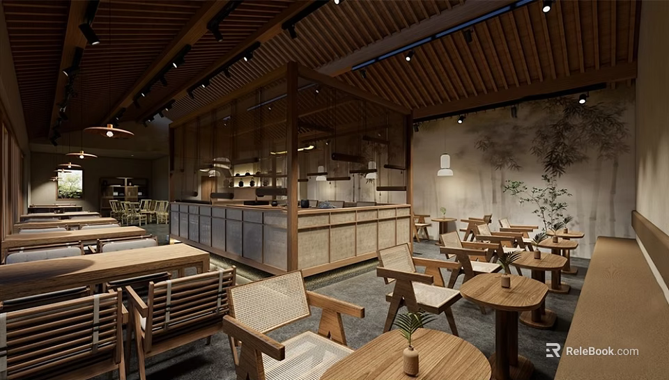 Warm Wooden Restaurant Interior With Ceiling Pendant Lights Bar Counter Screen Landscape Painting And Plants 3d model 