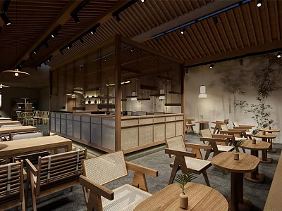 Warm Wooden Restaurant Interior With Ceiling Pendant Lights Bar Counter Screen Landscape Painting And Plants 3d model