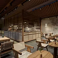 Warm Wooden Restaurant Interior With Ceiling Pendant Lights Bar Counter Screen Landscape Painting And Plants