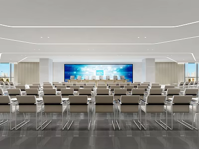 Modern Conference Room Interior Design With Large Screen And Rows Of Chairs 3d model