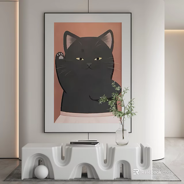 Interior Decor With Plant Vase And Cat Painting 3d model