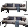 Light Gray Two Seater Sofa With Dark Blue Brown Pillows Blue Throw And Side Table 3d model
