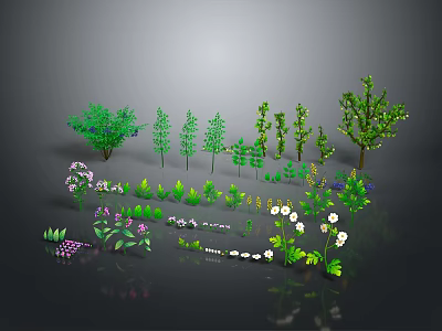 Cartoon Style Garden Scene with Various Trees Flowers and Green Plants 3d model