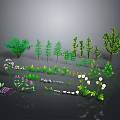 Cartoon Style Garden Scene with Various Trees Flowers and Green Plants