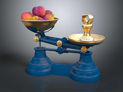 Vintage Commercial Balance Scale With Blue Base Golden Trays And Fresh Fruits 3d model