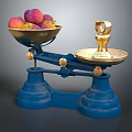 Vintage Commercial Balance Scale With Blue Base Golden Trays And Fresh Fruits