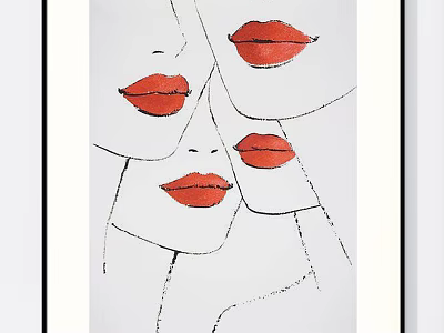Abstract Female Portrait Painting with Multiple Face Outlines Red Lips and Minimalist Black Lines 3d model
