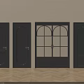 Black Swing Doors with Various Designs Four Against Light Colored Walls And Herringbone Wooden Flooring