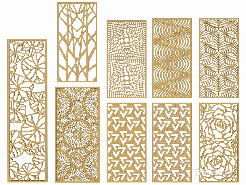 Golden Decorative Partition Designs Featuring Various Intricate Patterns And Artistic Styles 3d model