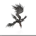 Mythical Black Feathered Creature with Spread Wings Intricate Mechanical Structure in Dynamic Flying Pose