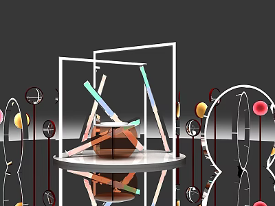 Modern Geometric Installation Photo Spot With Transparent Frames Colorful Lines Circular Decorations And Reflective Floor 3d model