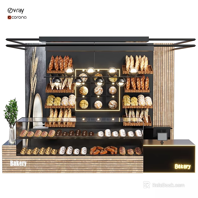 Modern Commercial Bakery Equipment With Glass Display Cases Metal Bread Racks And LED Lighting Fixtures 3d model 