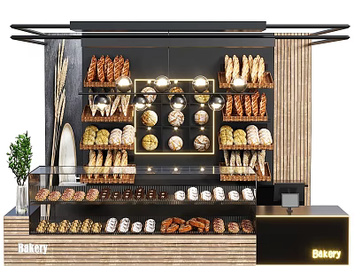 Modern Commercial Bakery Equipment With Glass Display Cases Metal Bread Racks And LED Lighting Fixtures 3d model