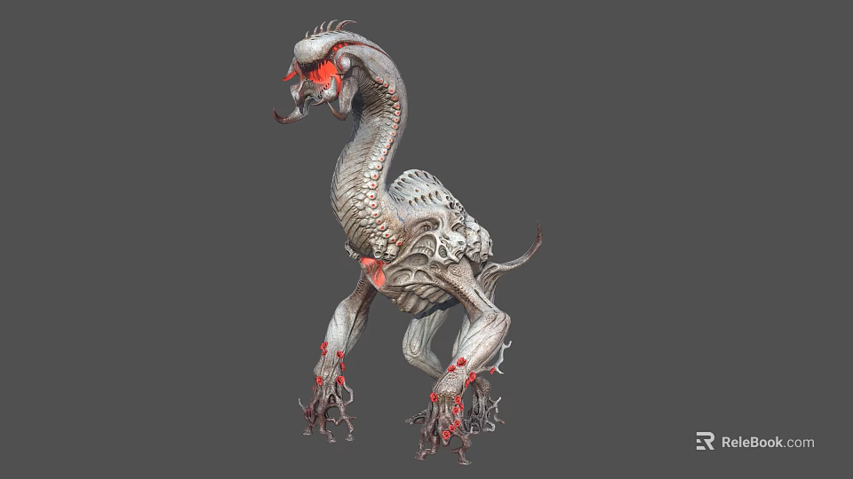 Mythical Fantasy Beast With Silver Scaled Body Red Glowing Eyes And Clawed Limbs 3d model 