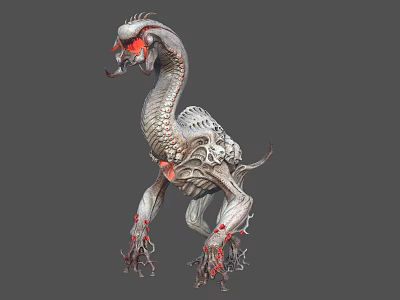 Mythical Fantasy Beast With Silver Scaled Body Red Glowing Eyes And Clawed Limbs 3d model