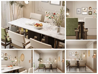 Elegant Modern Restaurant Interior With Marble Dining Table Green Beige Chairs Decorative Paintings And Plants 3d model
