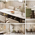 Elegant Modern Restaurant Interior With Marble Dining Table Green Beige Chairs Decorative Paintings And Plants