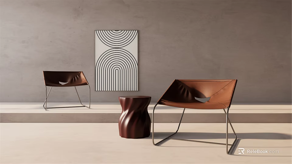 Brown Leather Lounge Chairs With Metal Frame And Abstract Artwork In Modern Interior 3d model 