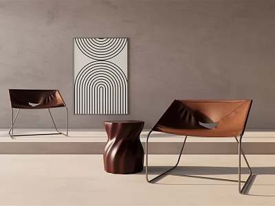 Brown Leather Lounge Chairs With Metal Frame And Abstract Artwork In Modern Interior 3d model