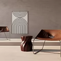 Brown Leather Lounge Chairs With Metal Frame And Abstract Artwork In Modern Interior