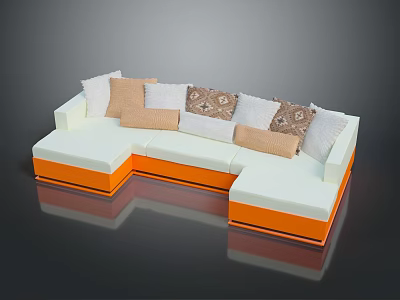 Stylish L Shaped Sofa In White And Orange With Multiple Decorative Cushions 3d model