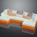 Stylish L Shaped Sofa In White And Orange With Multiple Decorative Cushions