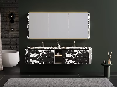 Modern Bathroom Vanity With Black And White Marble Pattern Double Faucets And Mirror With Lights 3d model